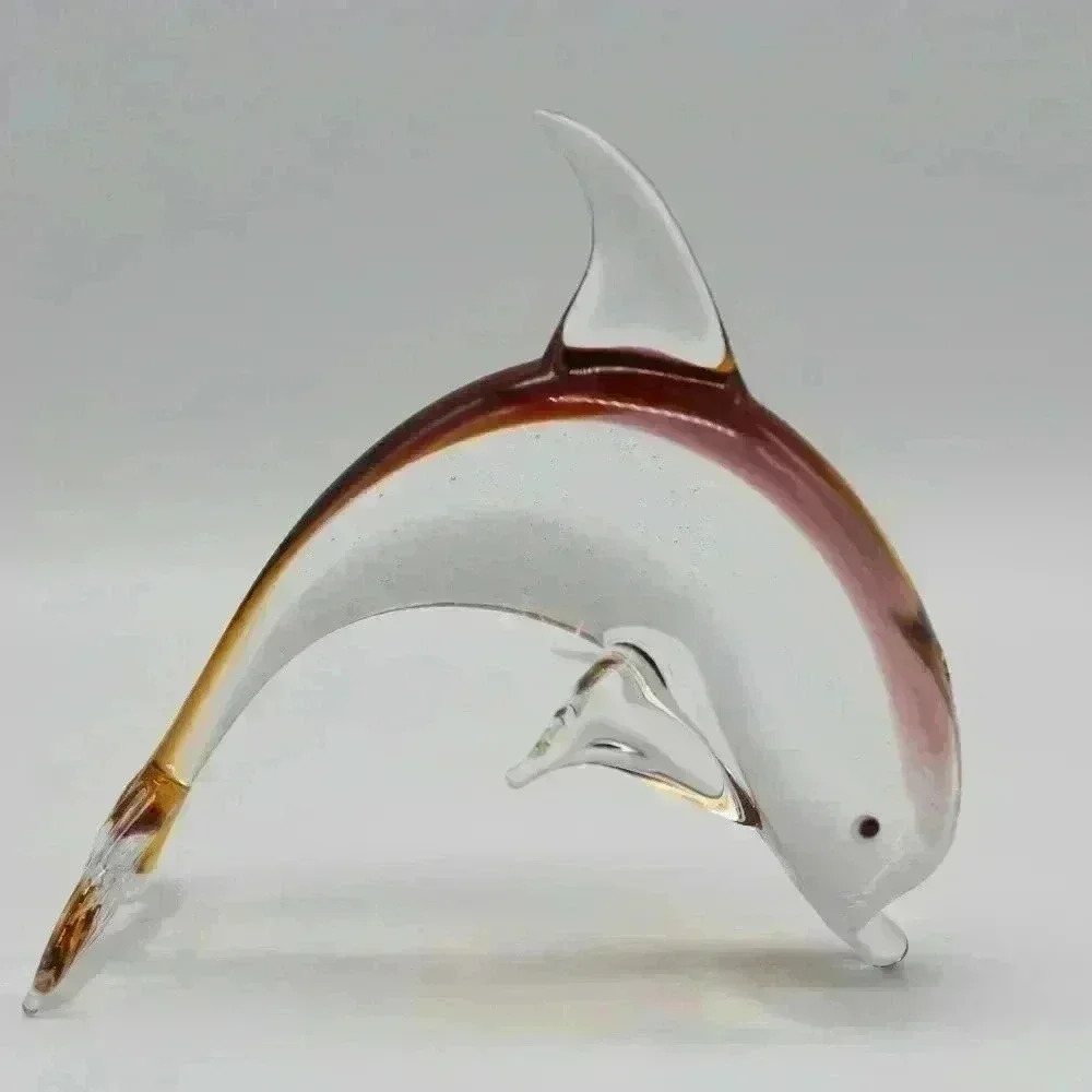 SET OF 2 ART GLASS ORANGE GREEN/VIOLET ORANGE DELPHINS FIGURINE FOR DECORATION - Picture 5 of 5